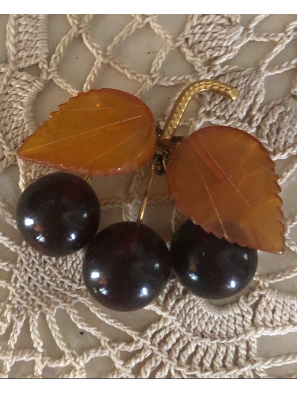 Vintage Kaliningrad USSR Gold-Plated Amber Cherries Brooch